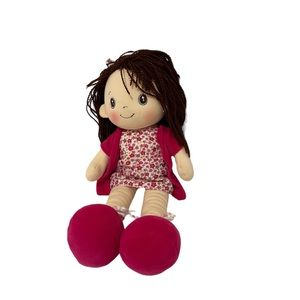 Linzy Toys Plush Doll Pink Floral Dress Brown Hair with Bow 17" Stuffed Toy